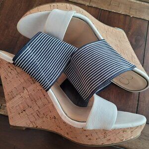 Jessica Simpson Cork Wedge Sandals With Striped Elastic & White Toe Strap Size 7